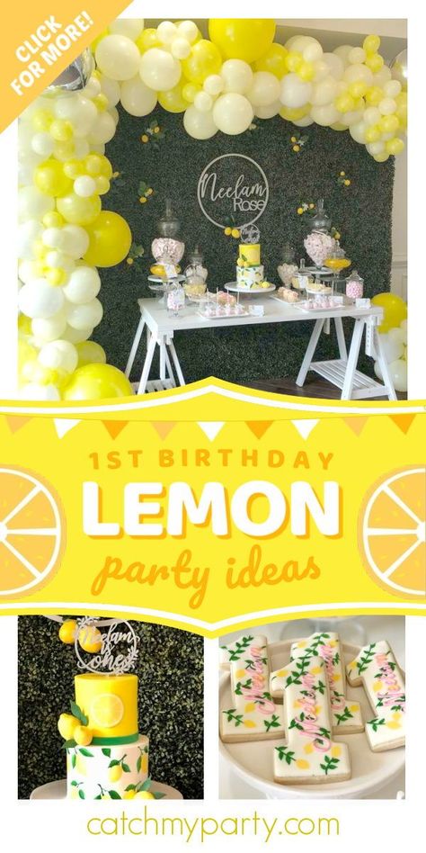 Birthday Lemon Theme, Lemonade Stand Birthday, 1st Bday Party, Lemon Themed Party, Lemon Invitations, Lemon Cupcake, Lemon Theme, 1st Birthday Party For Girls, Lemonade Party