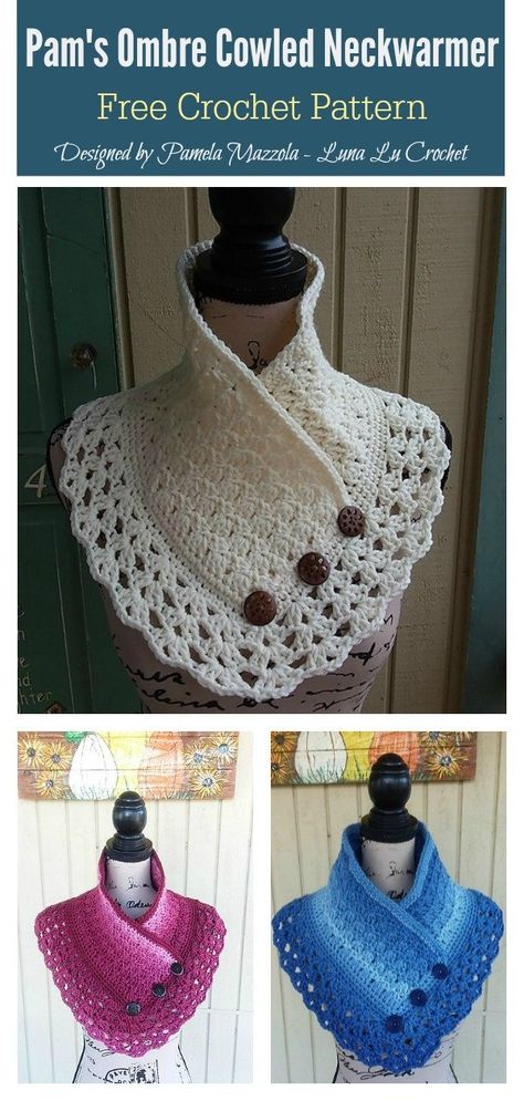 Lace Edging Pam's Ombre Cowled Neckwarmer Free Crochet Pattern #freecrochetpattern #crochetpattern #cowlfreepattern Shawl Ideas, Crocheted Shawls, Col Crochet, Crochet Scarf For Beginners, Crochet Collar Pattern, Crochet Cowl Free Pattern, Crochet Lace Collar, Crochet Wrap Pattern, Cowl Crochet