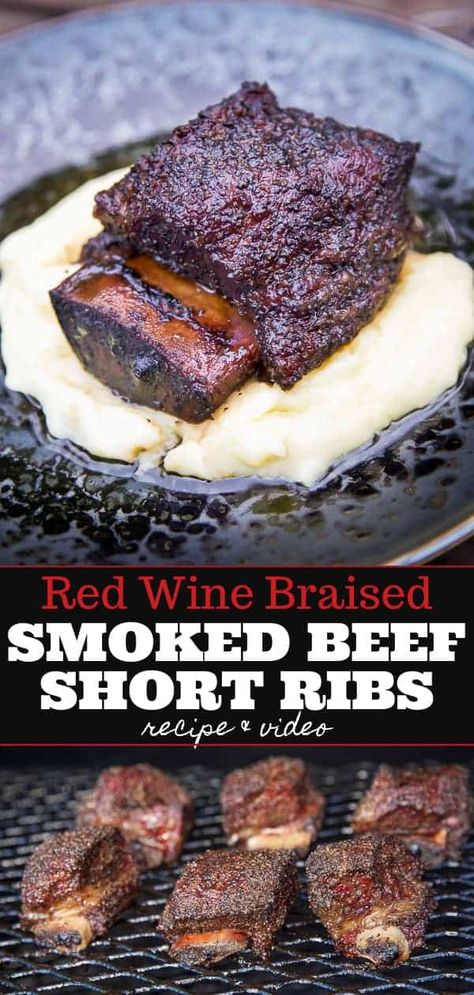 Recipe for Smoked Beef Short Ribs in a Red Wine Braise, and tips and techniques for getting melt-in-your-mouth tender meat. Smoked Beef Short Ribs, Braising Recipes, Smoked Beef Ribs, Beef Short Rib Recipes, Crockpot Recipes Beef Stew, Short Ribs Recipe, Traeger Recipes, Smoked Beef, Crockpot Recipes Beef