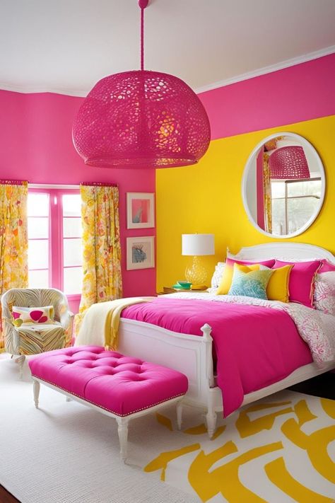 Pink And Turquoise Bedroom, Yellow Bedroom Decor Ideas, Pink And Yellow Bedroom, Comforting Home, Cozy Guest Room, Bright Room Colors, Cozy Guest Rooms, Gamer Bedroom, Yellow Bedroom Decor