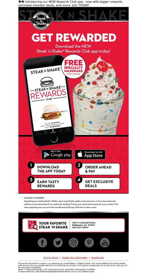 An awesome Loyalty & Rewards clubs email example from Steak 'n Shake. View 100+ more email templates and examples and get inspiration for your next email design with MailCharts! #EmailDesign #EmailMarketing #EmailInspiration #Loyalty&RewardsClubsEmail Loyalty Program Email, Steak N Shake, Email Examples, Campaign Planning, Loyalty Rewards, Loyalty Program, Rewards Program, Email Design, You Get It