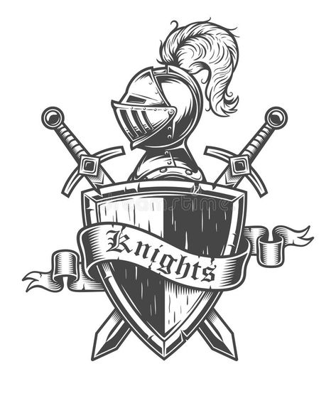 Vintage knight emblem. With knight helmet, crossed swords, shield and ribbon , #AD, #emblem, #helmet, #Vintage, #knight, #shield #ad Knight Emblem, Shield Drawing, Crusader Helmet, Shield Tattoo, Helmet Drawing, Knight Drawing, Knight Shield, Knight Tattoo, Knight Logo