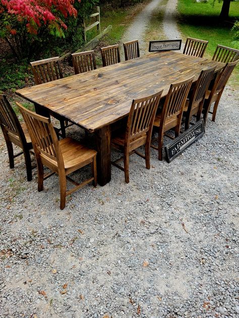 Rustic Farmhouse Table Sets Indoor Outdoor www.uniqueprimtiques.com Outdoor Farm Table, Farmhouse Table Setting, Rustic Farmhouse Table, Farmhouse Tables, Table Sets, Farm Table, Table Ideas, Farmhouse Table, Rustic Farmhouse