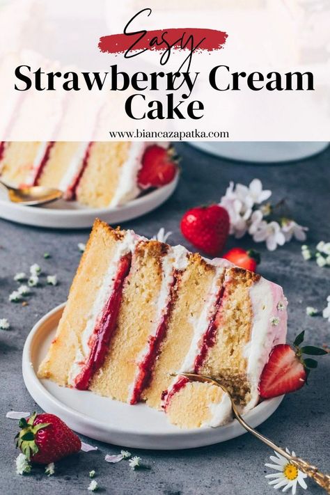 Vegan Strawberry And Cream Cake, Strawberry And Cream Cake, Vegan Strawberry Cake, Strawberry Cream Cake, Delicious Strawberry Cake, Strawberry Cake Filling, Strawberry And Cream, Cream Cake Recipe, Vegan Coffee