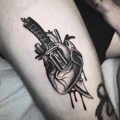 black anatomically correct hear with dagger going through it blood dripping heart tattoo on wrist thigh tattoo Watercolor Dreamcatcher Tattoo, Dreamcatcher Tattoo Meaning, Heart Tattoo Wrist, Knife Tattoo, Herz Tattoo, Foot Tattoos For Women, Tatuaje A Color, Tattoos Skull, Heart Tattoo Designs