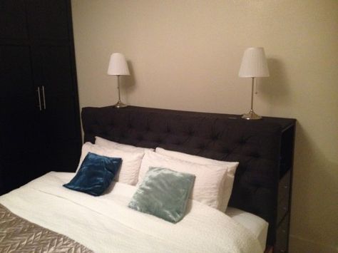 Storage headboard for ikea hackers. I like this idea especially since I some place to storage a few small items out of sight. However, I think I would like to try this with a thinner cabinet Ikea Bed Headboard, Ikea Headboard Hack, Brimnes Headboard, Headboard Hack, Ikea Headboard, Ikea Hack Storage, Ikea Expedit, Headboard With Shelves, Ikea Decor