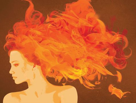 Fire Hair Illustration, Fire Hair Art, Fire Hair Drawing, Redhead Goddess, Fire Red Hair, Flame Hair, Catelyn Stark, Fire Goddess, Fire Hair