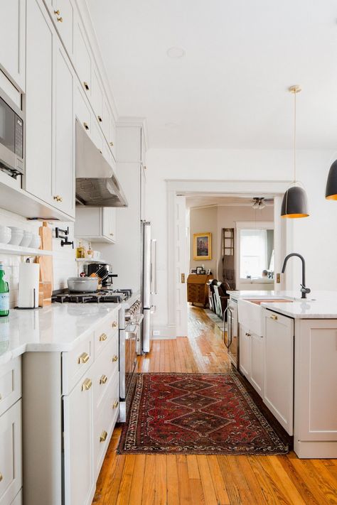 The Reveal: Our Row House Kitchen Renovation is Complete! | 17 Apart Row House Kitchen, Row Home, White Brick Fireplace, Beadboard Bathroom, Frog House, Dark Countertops, White Shiplap Wall, White Subway Tile Backsplash, Kitchen Refresh