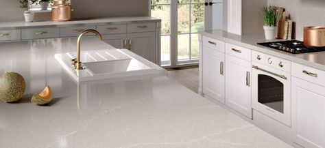 Read our Blog Post to find out the Pros & Cons of Quartz Countertops - Et Serena Silestone Quartz Silestone Desert Silver Quartz, Silestone Eternal Desert Silver, Desert Silver Quartz Countertop, Palermo House, Silestone Kitchen, Marble Trend, Colonial Kitchen, Blue Cabinets, Kitchen Counters