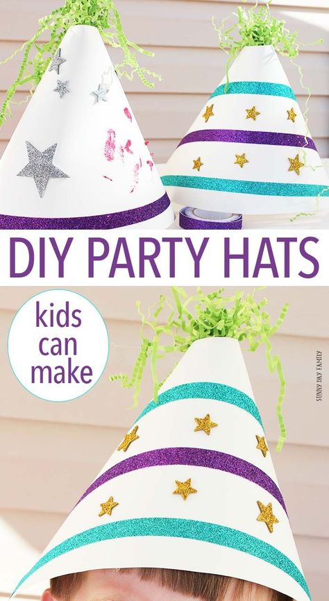 Make your own party hats! This is a fun kids craft for parties & holidays. Perfect for kids' birthday parties - make a party hat decorating station for a fun party activity! Or create your own party hats for any celebration. Super fun and really easy!  // For more family resources visit www.ifamilykc.com :) Diy Nye Hats For Kids, Christmas Party Hats For Kids, Diy Birthday Hats For Kids, Birthday Hats Diy, Party Hats Diy Template, Eyfs Books, Diy Birthday Hat, Diy Birthday Party Hats, Diy Party Hat