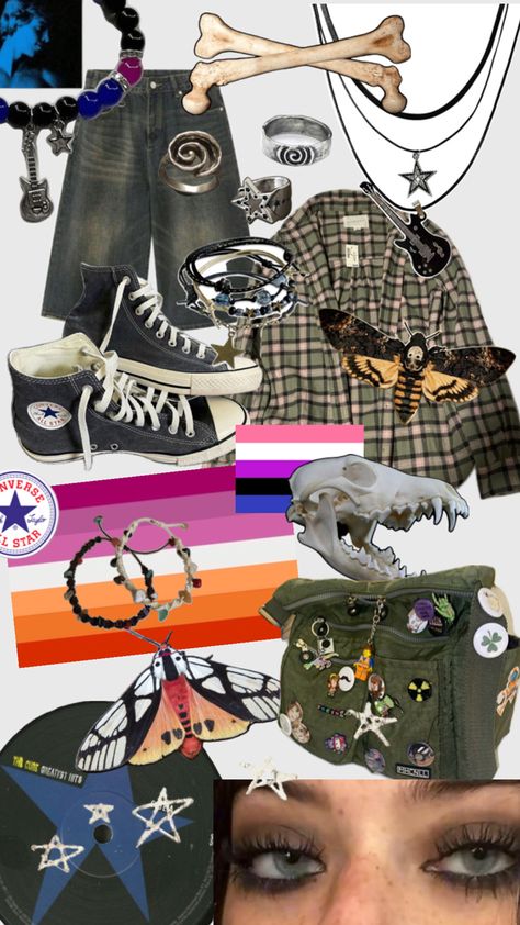 #grunge #lesbian #outfit #grudge #wlw #bones #jewlery Wlw Outfit, Me Core, Grunge Outfits, Bones, Stars