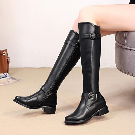 Black Boots Women Winter Knee High Boots Flat Boots for Women Fashion Buckle Faux Leather Warm Plush Woman Long Boots Shoes 2019 Flat High Boots, Flat Boots For Women, Winter Knee High Boots, Boots For Women Fashion, Flat Leather Boots, Knee High Boots Winter, Knee High Boots Flat, Boots Flat, Winter Shoes For Women