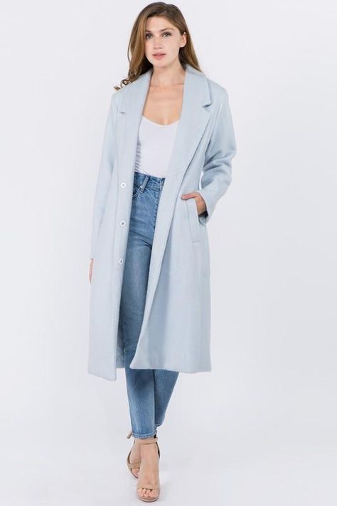 Halle Light Pale Blue Snap Front Coat Pale Blue Outfit, Autumn Kelly, Light Pale Blue, Beautiful Wardrobe, Grayish Blue, Greyish Blue, Blue Outfit, Halle, Pale Blue