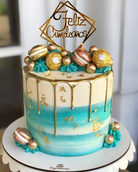 Teal Blue Cake Ideas, 18th Birthday Cake Teal, Turquoise And Gold Birthday Cake, Turquoise Cake Ideas, Teal Cake Ideas, Teal And Gold Cake, Teal Cakes, Teal Birthday Cake, 26 Birthday Cake