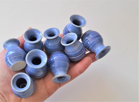 "One Miniature Vase, Hand-thrown, glazed stoneware, approximately 1\" - 1 1/2\". These little pots are hand thrown on the potters wheel - sizes vary. IF YOU NEED AN EXACT SIZE PLEASE ATTACH A NOTE TO THE ORDER. This listing is for ONE little vase. These tiny pots are little gems. Each miniature is individually thrown and glazed. People have many different uses for these little bud vases - curio shelf art, tiny flower vase, toothpick holders, spices, scented oils, and much more. They can also be Tiny Pots, Tiny Vase, Curio Shelf, Small Thank You Gift, Miniature Pottery, Pottery Animals, Miniature Vase, Clay Vase, Scented Oils