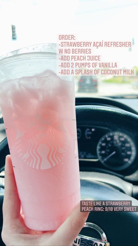 Strawberry Peach Starbucks Drink, Strawberry Acai Refresher Order, Starbucks Drinks With Coconut Milk, Strawberry Refresher Starbucks, Starbucks Refreshers Recipe, Starbs Drinks, Strawberry Refresher, Starbies Drinks, Starbucks Drink Menu