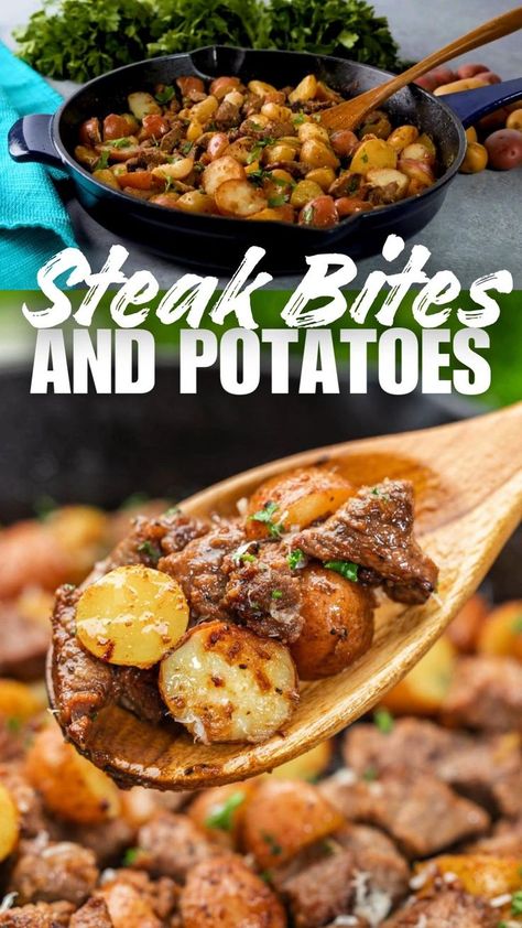 Steak bites and potatoes are the perfect comfort food meal. Tender steak bites are marinated and sautéed to perfection, then paired with crispy potatoes that have been par-baked for the ideal texture. This hearty and satisfying meal is perfect for any day of the week. Steak And Potatoes In Oven, Tender Steak Bites, Steak Bits, Oven Steak Recipes, Steak Bites And Potatoes, Baked Baby Potatoes, Steak And Baked Potato, Meat And Potatoes Recipes, Steak Bites Recipe