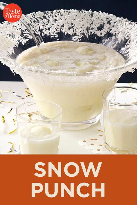 Eggnog Punch With Ice Cream, Christmas Ice Ring For Punch, Snowball Punch Recipe, Snow Punch Recipe, White Punch Recipe Non Alcoholic, Christmas Punches Nonalcoholic, Winter Party Punch, White Grape Juice Punch, Winter Punch Recipes Non Alcoholic