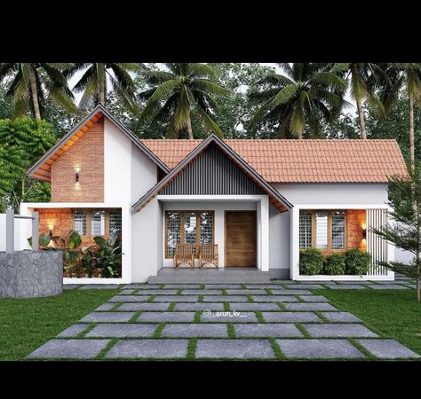 Kerala House Landscape Design, Kerala Architecture Exterior, Kerala Traditional House Exterior, Indian Farmhouse Design, Houses In Kerala, Tropical Residence, Single Storey House Design, Slope Roof, Kerala Traditional House