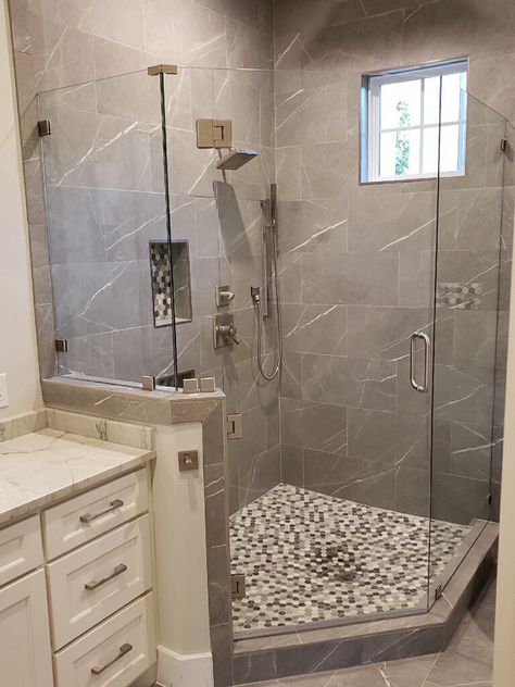 Large Corner Shower Ideas, Corner Shower With Window, Glass Shower Door Makeover, Window In Shower Ideas, Shower Door Makeover, Shower With Window, Corner Shower Stalls, Small Shower Remodel, Shower Renovation