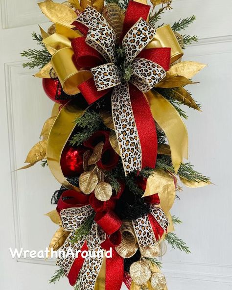 Leopard Christmas Decor, Christmas Door Swag, Red Ball Ornaments, Christmas Front Door Wreath, Gold Eucalyptus, Faux Gold Leaf, Christmas Front Door, Leopard Christmas, Gold Door