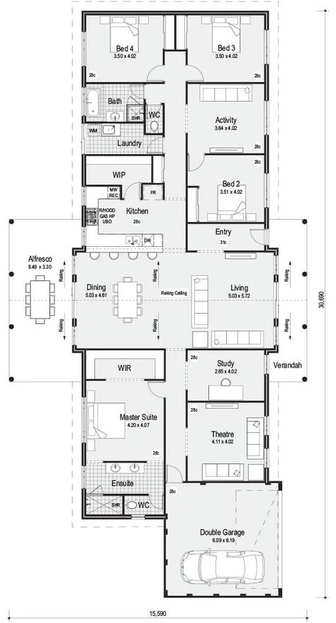 Me gusta la distribución de las habitaciones Central Hallway Floor Plan, Long House Plans Open Floor, Accessible Floor Plans, Tandem Carport, Long House Floor Plans, Long House Plans, Wide House Plans, Wide Floor Plans, Entrance Corridor