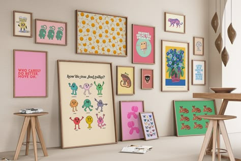 Kids Artwork Gallery Wall, Classroom Gallery Wall, Mid Century Kids Room, Gallery Wall Examples, Kids Playroom Wall Decor, Set Classroom, Playroom Artwork, Kids Gallery Wall, Posters For Classroom