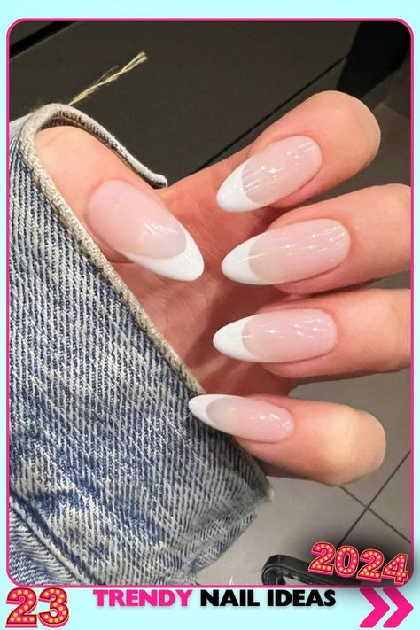 Classic French almond nails. Gel material, glossy finish. Versatile and sophisticated, suitable for any event. Trendy nails with timeless elegance. Possible search terms: French manicure, almond nails. Full Neck Tattoos, Nail Designs Spring, Neck Tattoo, French Manicure, Almond Nails, Trendy Nails, Spring Nails, Timeless Elegance, You Nailed It