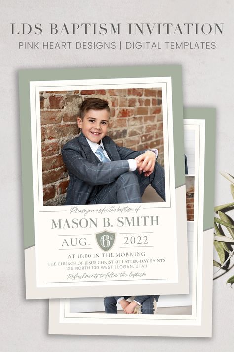 Make your child's baptism day even more special with a personalized baptism invitation! Our customizable template allows you to effortlessly highlight your son's baptism portraits with your own photos and text. Plus, it's a breeze to edit right in your web browser - no software required! #BoyBaptism #LDSBaptism #Invite #LDSLife #BaptismInvite #LDS#LDSGifts #Baptism #LDSBaptismInvite #GreatToBe8 Boy Baptism Invitations, Baptism Invites Boy, Lds Baptism Invitation, Baptismal Invitation For Boys Printable, Baptismal Invitation Template Blank, Baptism Invitation For Boys, Baptism Program, Baptism Announcement, Lds Baptism