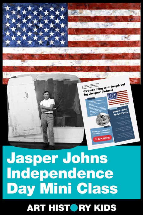 Celebrate Independence Day with a mini-class on Jasper Johns and his iconic art. Engage kids in learning about American painter Jasper Johns, his American Flag series, and the encaustic technique. Explore symbolism and encourage creativity through a guided discussion and an art project using crayons. Perfect for homeschool art curriculum and fun art history lessons for kids. Jasper Johns Art, Independence Day Art, Homeschool Art Curriculum, History Lessons For Kids, Homeschool Art Projects, Art Books For Kids, Encaustic Technique, Art History Lessons, Art Plan