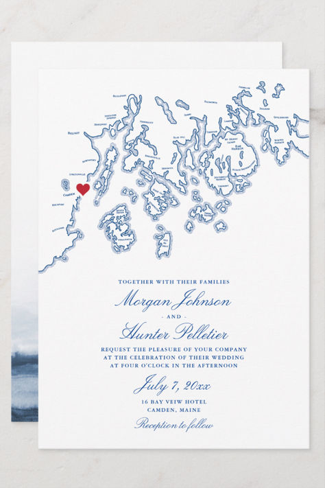 Quick and Easy ordering! This Maine Map save the date features a small red heart over Camden, Maine on a charming hand-drawn map of Penobscot Bay.These timeless, easily customizable Camden, Maine wedding invitations feature a map of the islands around Camden. A luxurious watercolor wash on the back adds an unexpected touch of elegance to each invitation that your guests will love. Full matching suite available Elegant Navy Wedding, Bar Harbor Inn, Deer Isle Maine, Map Wedding Invitation, Camden Maine, Maine Map, Harbor Wedding, Gold Foil Invitation, Bar Harbor Maine