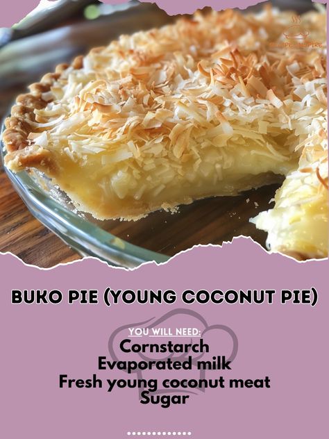 🥥 Savor the sweet delight of Buko Pie! 🥧✨ #BukoPie #FilipinoDessert Buko Pie (Young Coconut Pie) Ingredients: Fresh young coconut meat, shredded (2 cups) Evaporated milk (1 cup) Sugar (1/2 cup) Cornstarch (1/4 cup) Pie crust (1 pre-made or homemade) Butter, melted (2 tbsp) Vanilla extract (1 tsp) Salt (1/4 tsp) Instructions: Preheat oven to 350°F (175°C). In a bowl, mix shredded coconut, evaporated milk, sugar, cornstarch, vanilla extract, and salt. Pour the mixture into the pie crust. Br... Cup Pie, Buko Pie, Pie Crust Top, Coconut Meat, Coconut Pie, Filipino Desserts, Homemade Butter, Fresh Meat, Dessert Lover