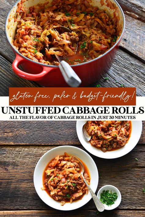 unstuffed cabbage rolls recipe pin Unstuffed Cabbage Rolls Crockpot, Stuffed Cabbage Rolls, Paleo On A Budget, Types Of Cabbage, Unstuffed Cabbage Rolls, Cabbage Casserole Recipes, Unstuffed Cabbage, Cabbage Rolls Recipe, Cabbage Casserole