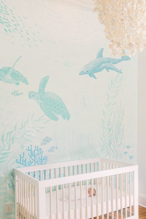 Water Themed Nursery Ideas, Sea Animal Themed Nursery, Coral Reef Nursery, Pastel Ocean Nursery, Under Sea Mural, Underwater Nursery Theme Girl, Water Theme Nursery, Gender Neutral Ocean Themed Nursery, Under The Sea Girls Bedroom