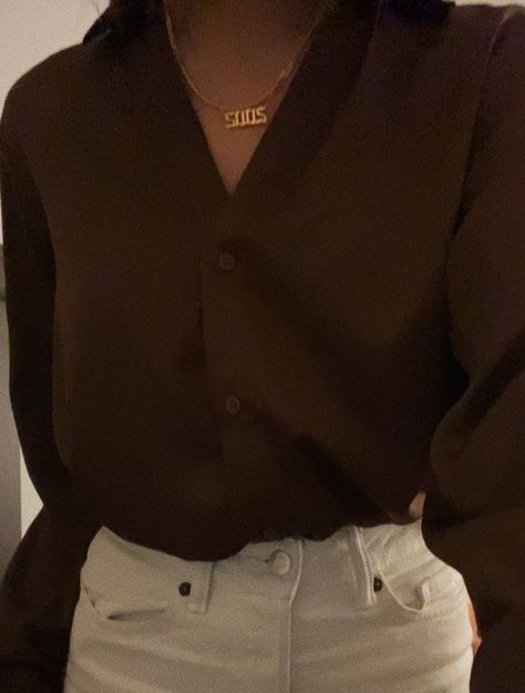 Casual Brown Blouse, Light Brown Clothes Aesthetic, Brown Shirt And Jeans Outfit, Brown Satin Shirt Outfit, Brown Long Sleeve Shirt Outfit, Brown Satin Top Outfit, Dark Brown Outfits For Women, Brown Shirt Outfit Aesthetic, Light Brown Shirt Outfit