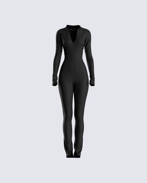 Black Jumpsuit Outfit Baddie, Spy Outfit Women, Finesse Clothing, Zip Up Jumpsuit, Celebrity Clothing, White Corset Dress, Black Jumpsuits, Jump Suits, Long Jumpsuit