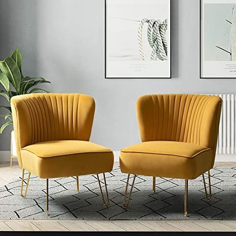 Velvet Fabric Side Accent Chair with Tufted Back Metal Legs Armless Chair for Living Room Bedroom,Set of 2/Mustard Living Room Vanity, Velvet Side Chair, Tufted Side Chair, Accent Chair Set, Velvet Accent Chair, Upholstered Accent Chairs, Living Room Accents, Upholstered Side Chair, Single Sofa