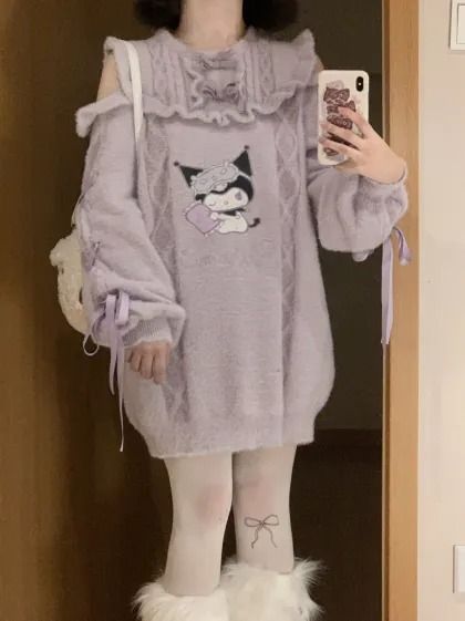 Purple Kuromi Open Shoulders Sweater Dress Kuromi Leg Warmers, Kuromi Dress, Purple Kuromi, Kuromi Clothes, Open Shoulder Sweater, Birthday List, Korean Dress, Hooded Cardigan, Future Fashion