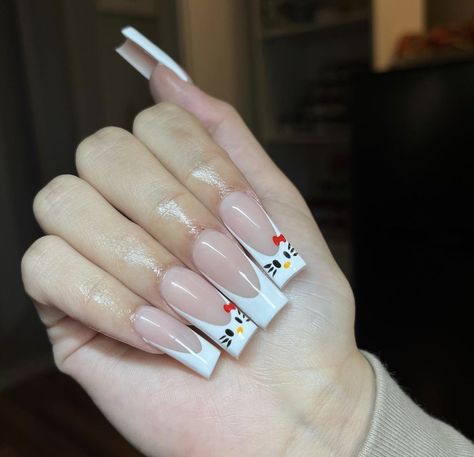 Long Nail Designs Hello Kitty, Acrylic Nails Ideas Hello Kitty, Hello Kitty Nails Drawn On, Hello Kitty Face Nails, Hello Kitty Nails Drawing, Nails With An A, Mid Length Nail Designs, Hello Kitty Nails Simple, Hello Kitty Nails Design