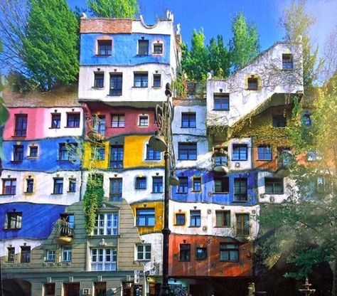 Hundertwasser Architecture, Hundertwasser Art, World Of Wanderlust, Watercolor Projects, Colourful Buildings, Unique Buildings, Up House, Level 4, Learn Art