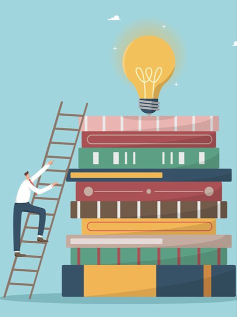 Develop intelligence and logic through reading books, new knowledge and wisdom to innovate and creative ideas, learning and education for success, man climbs ladder on stack of books with light bulb. Knowledge Aesthetic, Ladder Of Success, New Knowledge, Knowledge And Wisdom, Reading Books, Stack Of Books, Book Covers, Logic, Creative Ideas