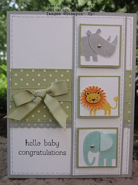 handmade baby card ... excellent layout ... would look great with other sets of small images too ... adorable little animals with fussy cut parts ... silver brad eyes ... like this card! ... Stampin' Up! Stampin Up Baby Cards, Baby Cards Handmade, Baby Boy Cards, Boy Cards, Hand Of Cards, Baby Card, Baby Shower Cards, Card Sketches, Card Layout