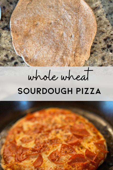 This whole wheat sourdough pizza crust is slightly nutty, chewy (yet soft) and a great base for your homemade pizza night.   The recipe makes 4 whole wheat pizzas - perfect for a personal size.   Pizza is made in a cast iron skillet. Whole Wheat Sourdough Pizza Crust, Sourdough Pizza Dough, Wheat Pizza, Wheat Pizza Dough, Sourdough Pizza Crust, Whole Wheat Sourdough, Recipe Using Sourdough Starter, Whole Wheat Pizza, New York Style Pizza