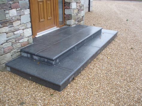 Blue/Grey Granite step with bull nosed profile - from CED Driveway Planting, Granite Steps, Patio Stairs, Front Door Steps, Stone Driveway, Stone Stairs, Door Steps, Grey Granite, Grey Stone