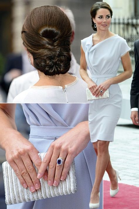 The Duchess looked divine in this dove grey dress with draped neckline and cinched waist by London-based designer Roksanda Ilincic, which she wore for the UK's Creative Industries Reception at the Royal Academy in July 2012 (this is one of Kate's famous re-run dresses, which she originally debuted when flying to the US in July 2011). Foto Princess, Kate Middleton Style Outfits, Düşes Kate, Stars D'hollywood, Looks Kate Middleton, Kate Middleton Hair, Roksanda Ilincic, Kate Middleton Outfits, Kate Middleton Prince William