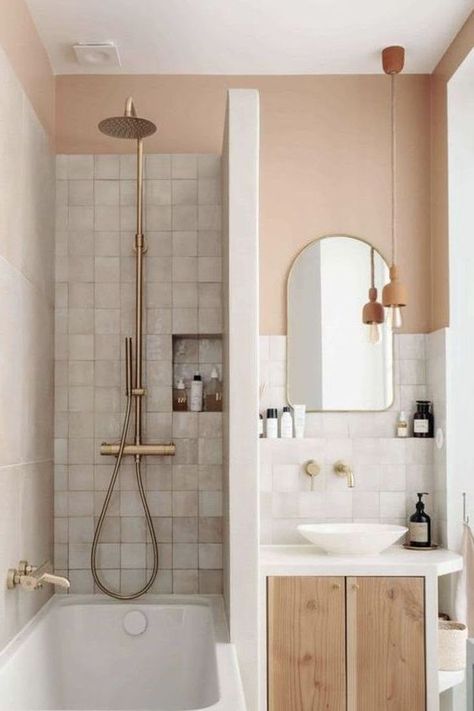 Peach Bathroom, Beige Bathroom Ideas, Narrow Bathroom, Aesthetic Bathroom, Beige Bathroom, Tiny Bathrooms, Bad Design, Tiny Bathroom, Kids Bathroom