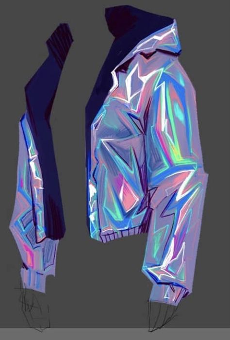 How To Draw Holographic Clothes, Drawing Shiny Fabric, Jacket Coloring Tutorial, How To Color Holographic Digital, How To Draw Shiny Clothes, How To Draw Holographic, How To Draw Holographic Fabric, How To Draw Latex Tutorial, Holographic Character Design