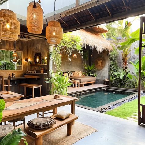 bali_backyard 17 Bali Tropical Garden, Bali Pool Ideas, Bali Garden Ideas Backyards, Bali House Design, Bali Backyard, Bali Inspired Home, Bali Cottage, Bright Boho Living Room, Wallpaper In Home