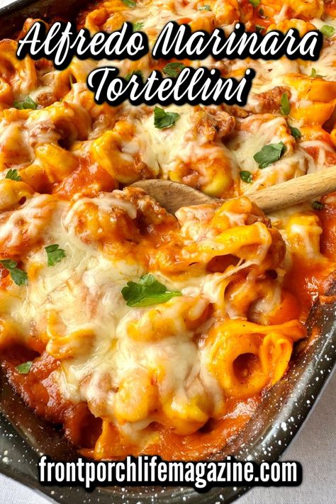 Alfredo marinara tortellini recipe is simple and takes 10 minutes to put together and 40 minutes to bake. This casserole is perfect for a busy weeknight dinner meal for family or serve it to guests.  Delicious made with Italian sausage, ground beef or ground turkey. Crockpot Tortellini Recipes Ground Beef, Tortellini Casserole Alfredo, Marinara Tortellini Recipes, Cheese Tortellini With Sausage, Ground Chicken Tortellini Recipes, Ground Meat And Tortellini, Sausage Tortellini Casserole, Tortellini With Alfredo And Marinara, Sausage Alfredo Tortellini