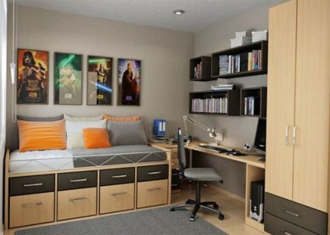 25 Super Cool Bedroom Ideas for Teen Boys - Raising Teens Today Apartment Bedroom College, Apartment Storage Solutions, Bedroom Ideas Pinterest, Star Wars Bedroom, Teenager Bedroom Boy, Teenage Boy Room, Small Apartment Bedrooms, Small Bedroom Storage, College Bedroom